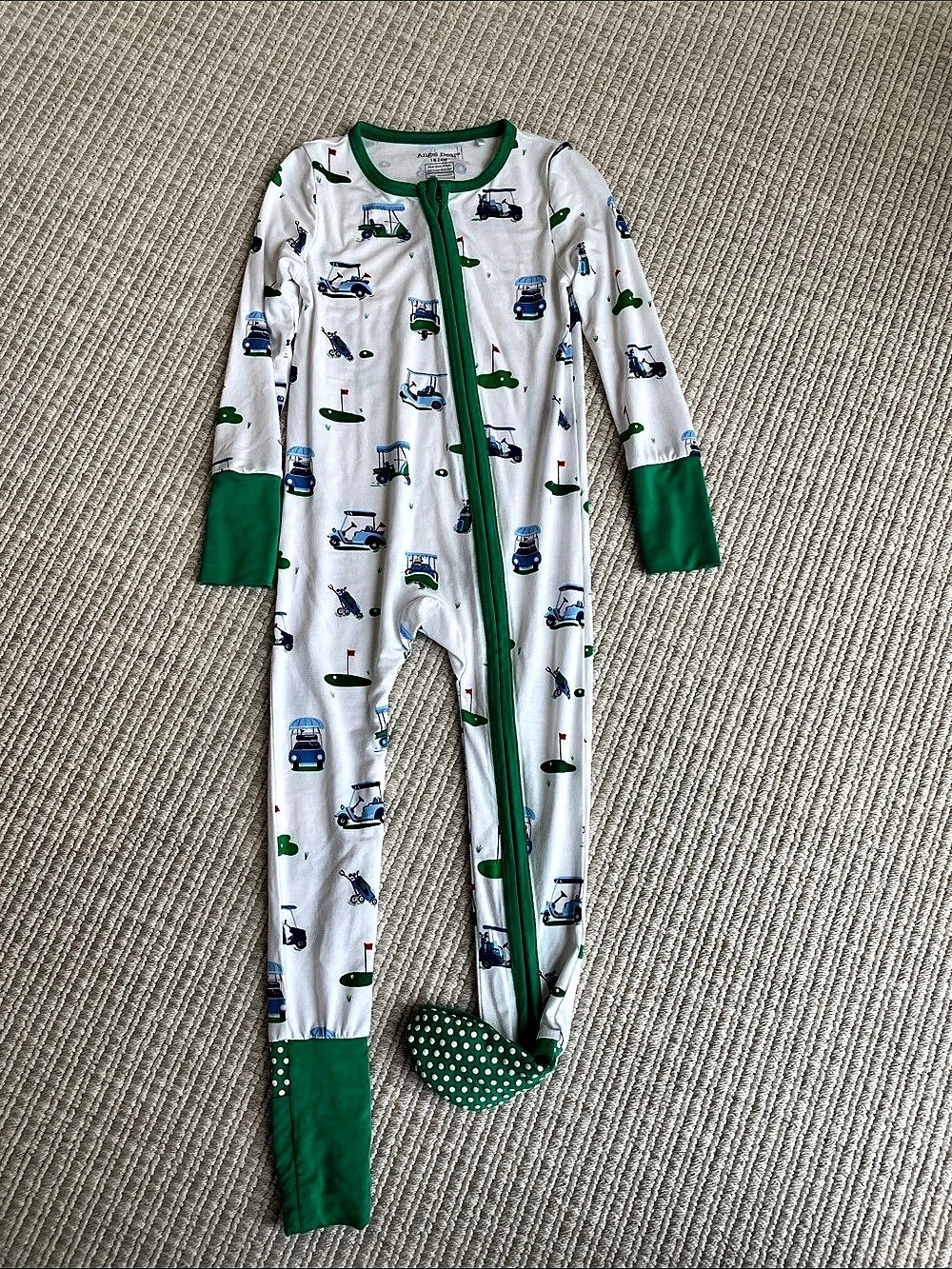 Angel Dear All Fore Golf 2-Way Zipper Romper Footie White & Green 18-24M